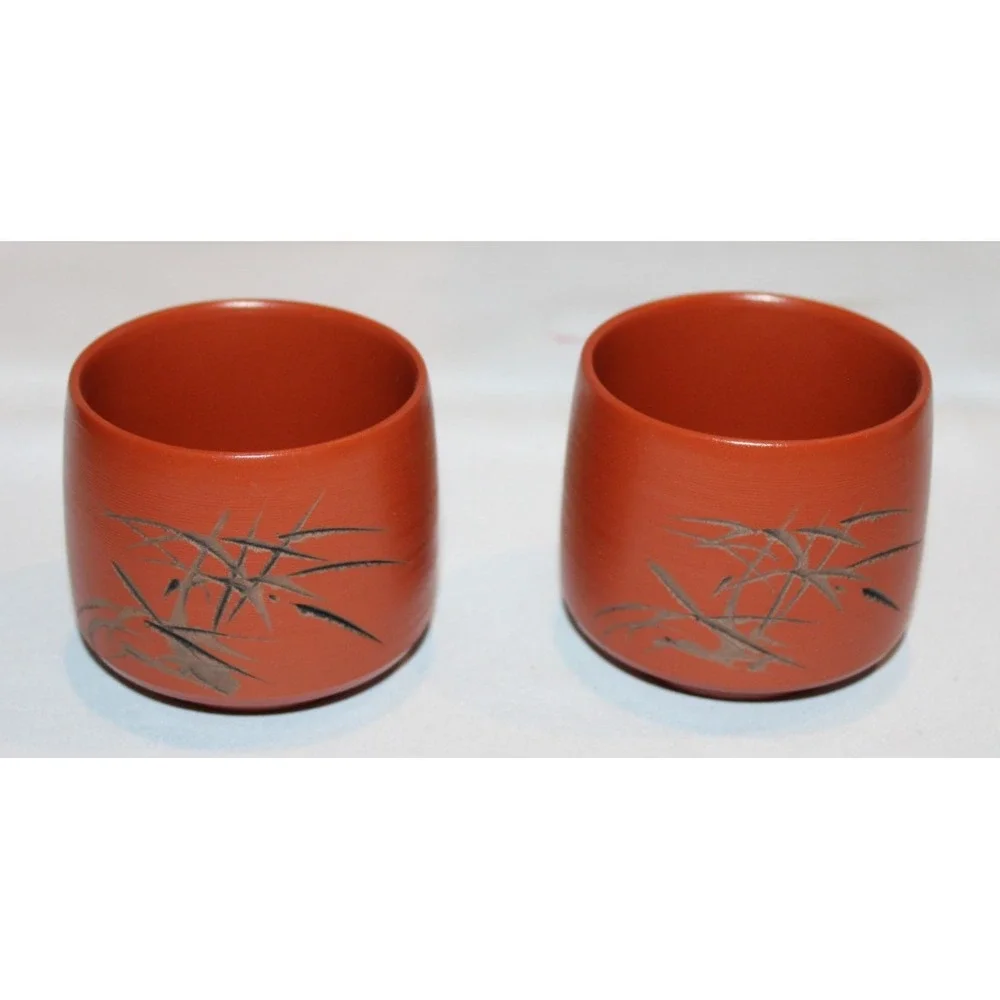 4 Japanese Tokoname red clay sake cups bamboo design set